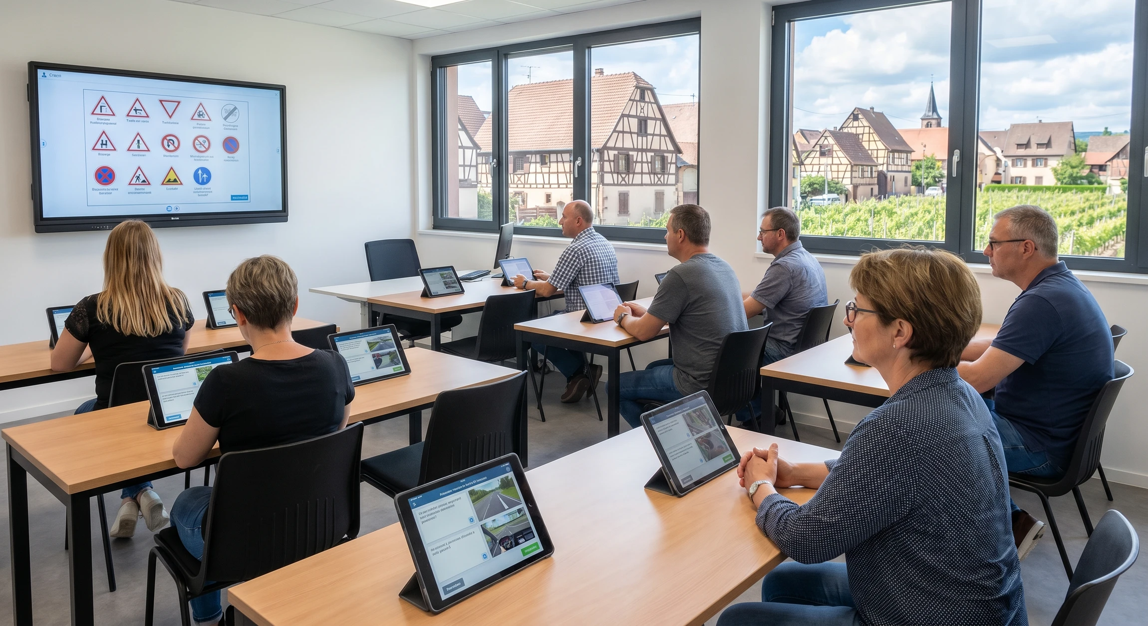 Une salle de formation moderne d'une école de conduite, avec des étudiants concentrés sur leurs terminaux informatiques ou tablettes pour préparer le code de la route. La salle est bien éclairée, avec des équipements modernes pour la formation (écrans, terminaux interactifs). L'ambiance est professionnelle et studieuse, montrant des apprenants engagés dans leur formation. L'environnement doit clairement évoquer une école de conduite automobile, pas une salle de classe générique.