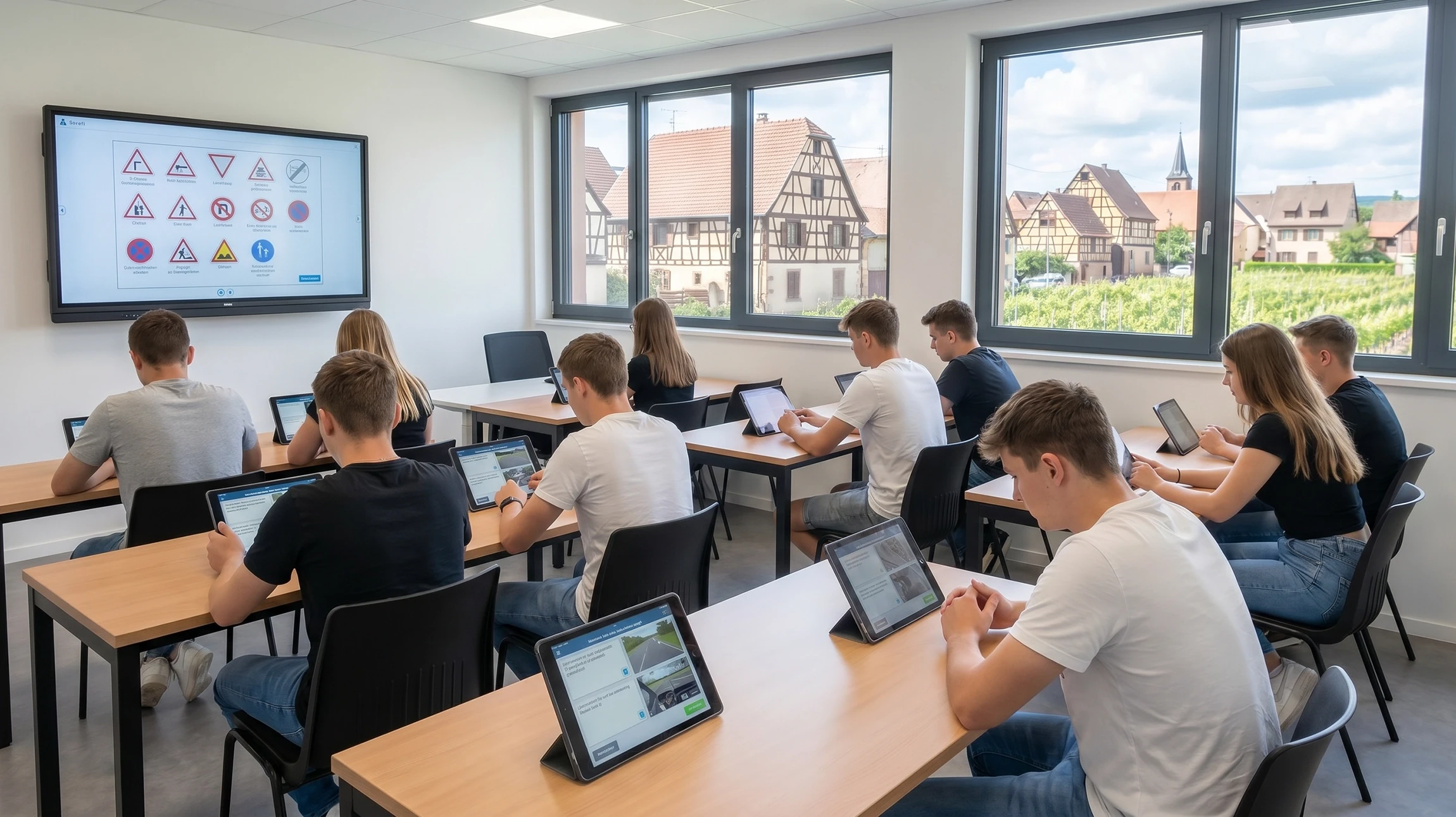 Quatre personnes assises côte à côte sur banc moderne travaillent sur appareils numériques dans environnement contemporain lumineux